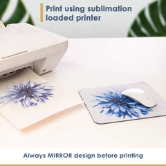 Hayes paper Co Sublimation Paper  with image of a printer and a mouse pad with a blue flower imag sublimated on it. Text reads Alway mirror before printing