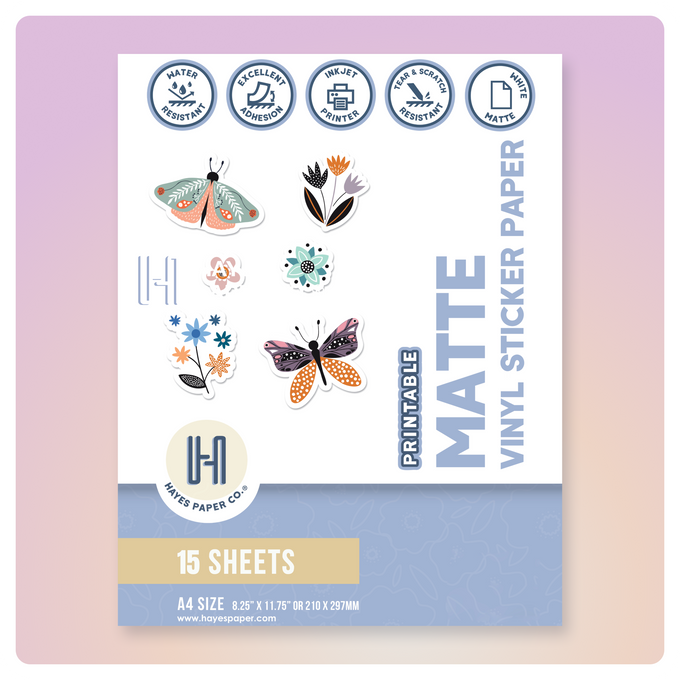 Hayes Paper Co. Matte Printable Vinyl Sticker Paper – waterproof printable vinyl sheets for stickers, labels, and craft projects.
