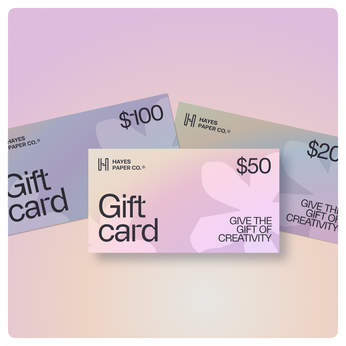 Hayes Paper Co. digital gift cards in $20, $50, and $100 amounts – perfect for crafters, small businesses, and DIY creators.