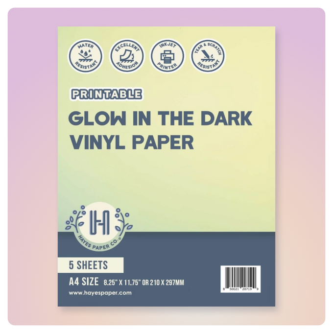 Printable Glow in the Dark Vinyl Paper by Hayes Paper Co – luminous craft vinyl for stickers and DIY projects.