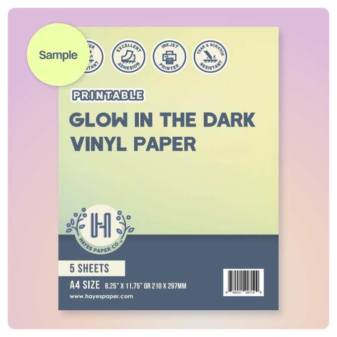 Hayes Paper Co. Glow in the Dark Vinyl Paper Sample – printable luminous vinyl sheets for stickers, labels, and craft projects.