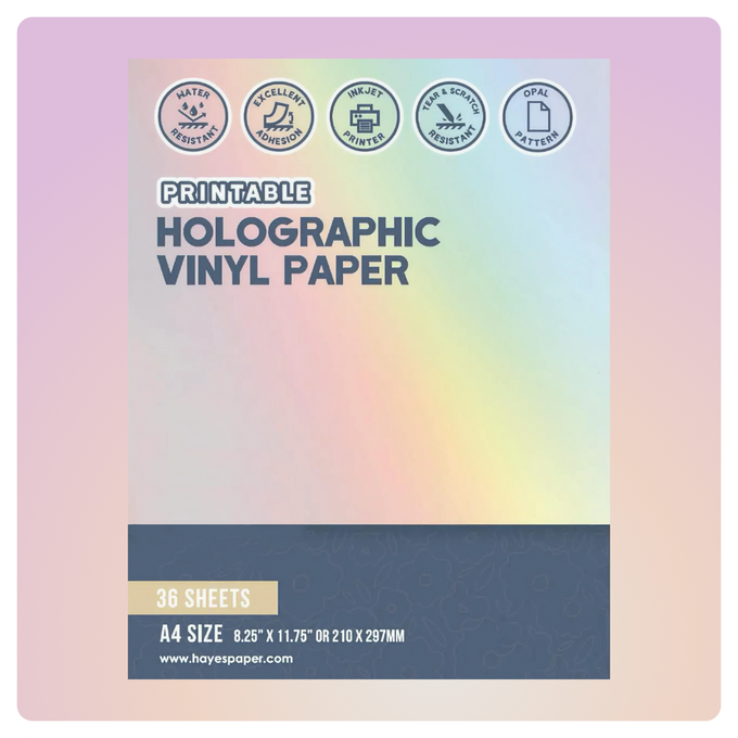 Hayes Paper Co. Holographic Printable Vinyl Paper – rainbow-effect craft vinyl sheets for premium stickers and decorative labels.