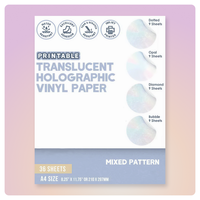 Printable Translucent Holographic Vinyl Paper by Hayes Paper Co – mixed-pattern holographic vinyl sheets for crafting.