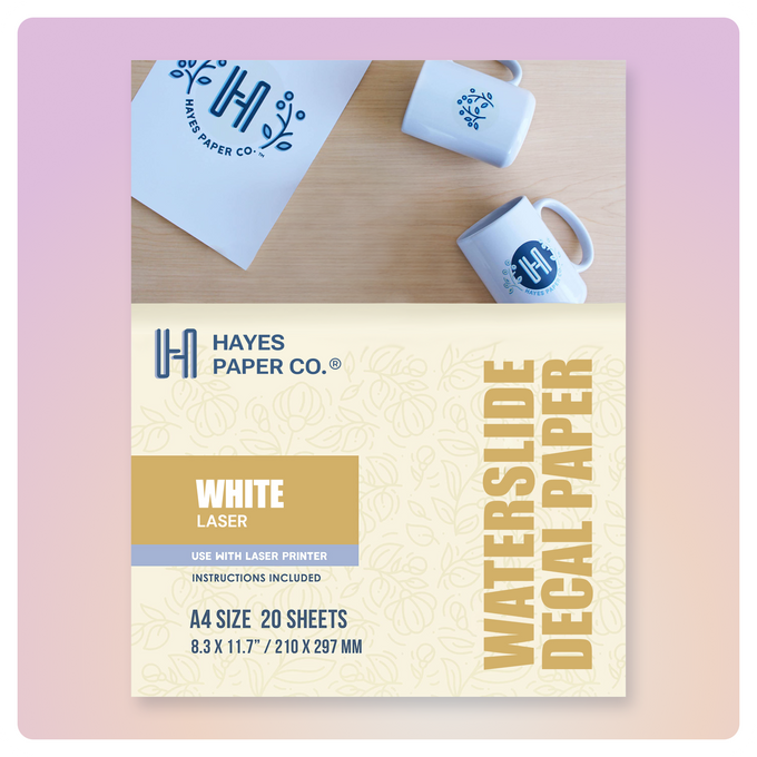 Hayes Paper Co. Laser Waterslide Decal Paper – white printable decal sheets for ceramic, glass, metal, plastic, and smooth-surface craft projects.