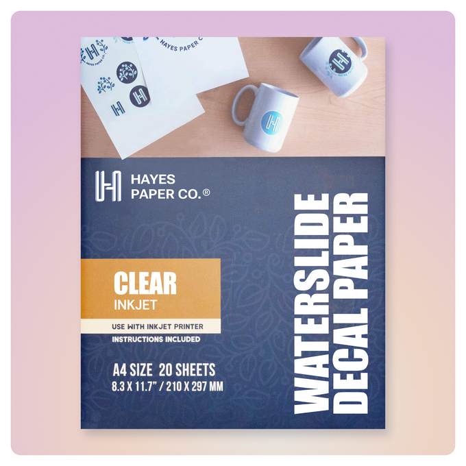 Hayes Paper Co. Clear Inkjet Waterslide Decal Paper – printable decal sheets for customizing mugs, tumblers, glass, wood, and DIY crafts.