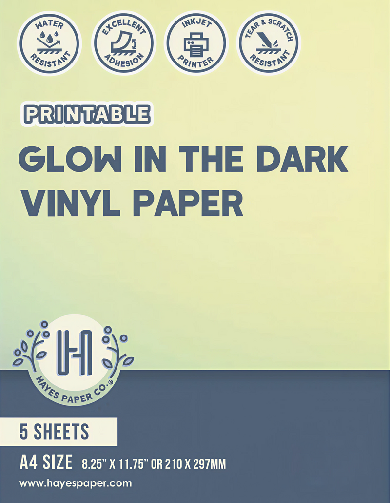 Printable glow in the dark vinyl sticker paper, A4 inkjet-compatible sheets, 5 pack.