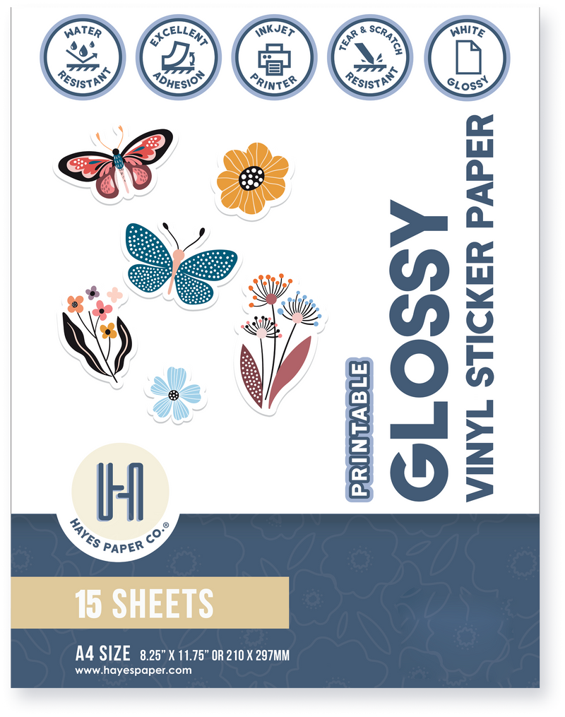 Glossy printable vinyl sticker paper A4 – waterproof, tear-resistant inkjet vinyl sheets with butterfly and flower sticker designs.