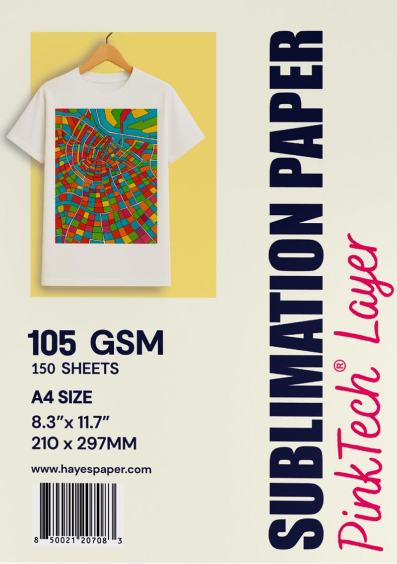 Promotional image of sublimation paper with a t-shirt and colorful design on a yellow background.