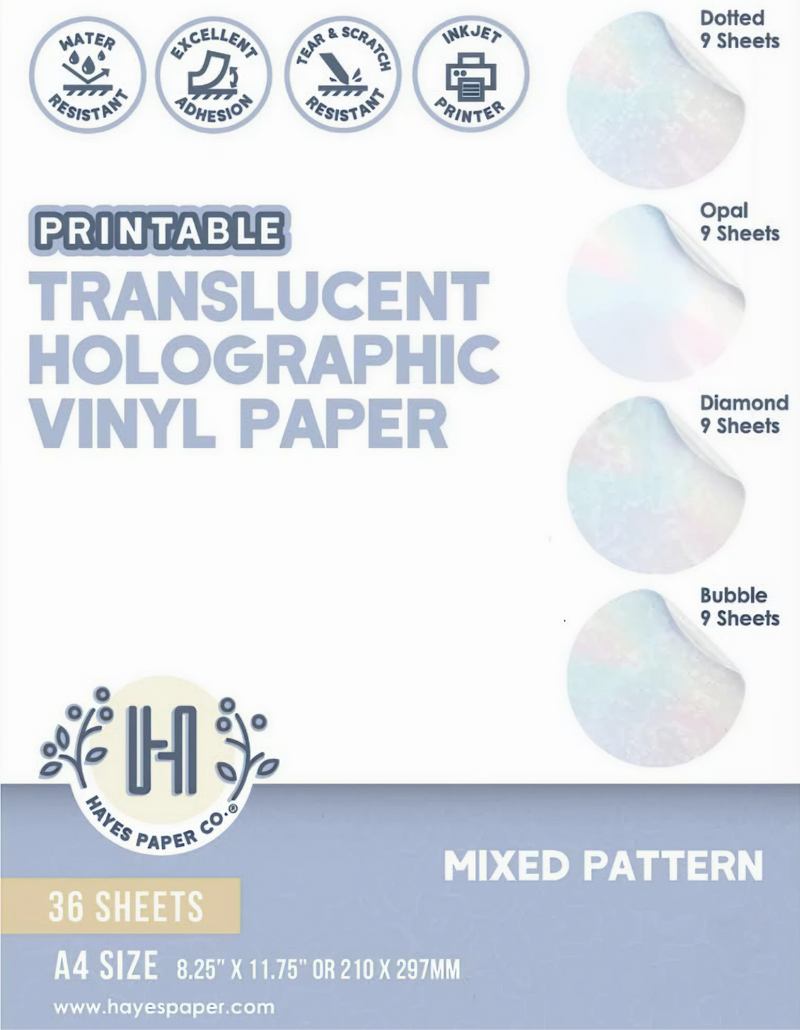Printable translucent holographic vinyl sticker paper with mixed opal patterns, A4 size, 36 sheet pack