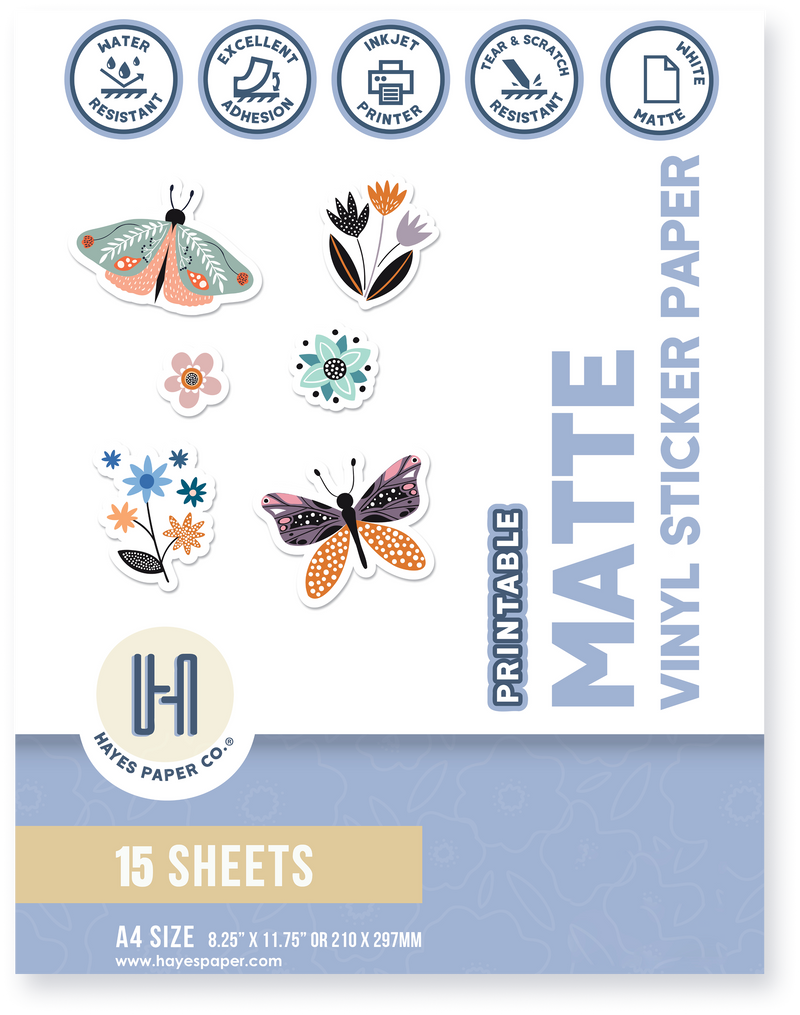 Packaging of Hayes Paper Co. matte vinyl sticker paper with colorful stickers on a white background.