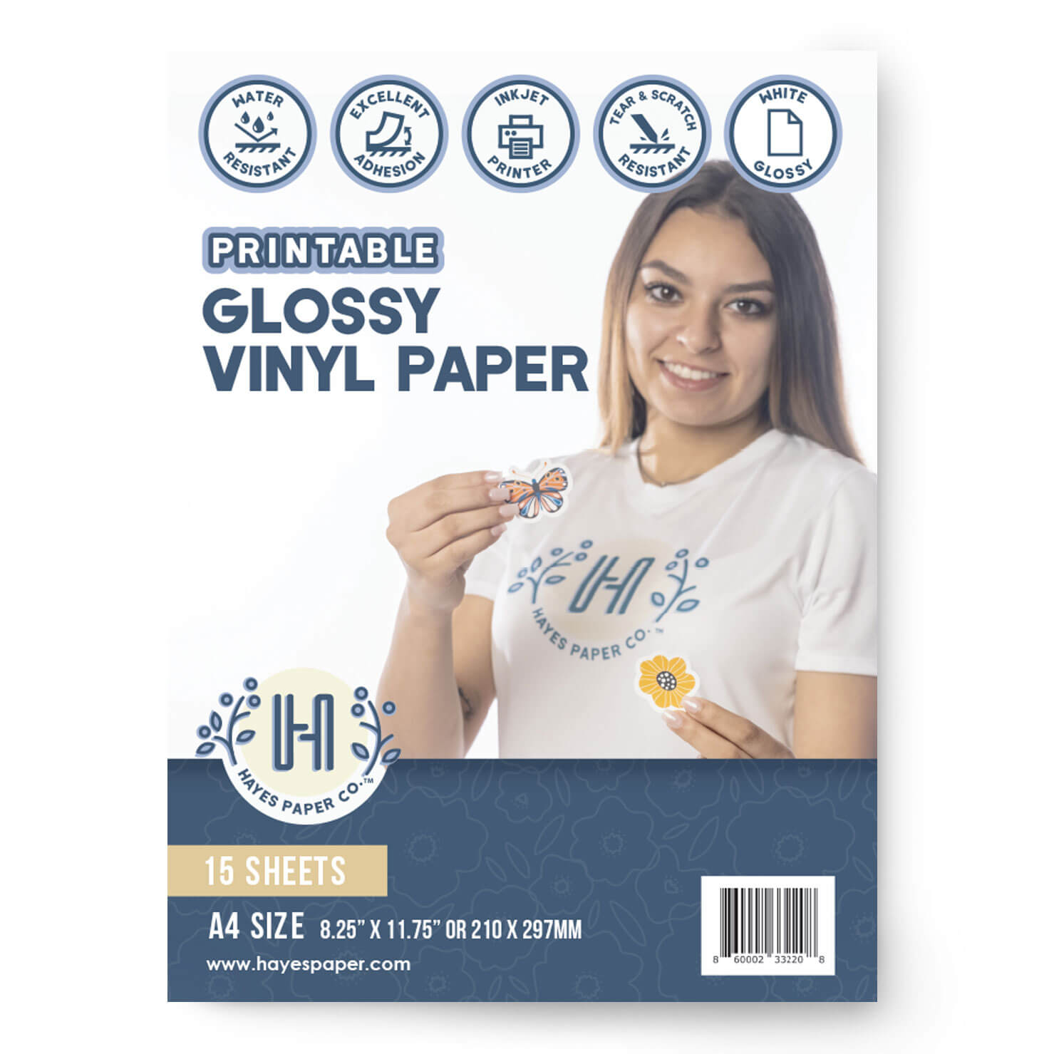Hayes Paper, Vinyl Sticker Paper for Inkjet Printers, 15 Premium Glossy White Waterproof Vinyl Sheets, A4 Size