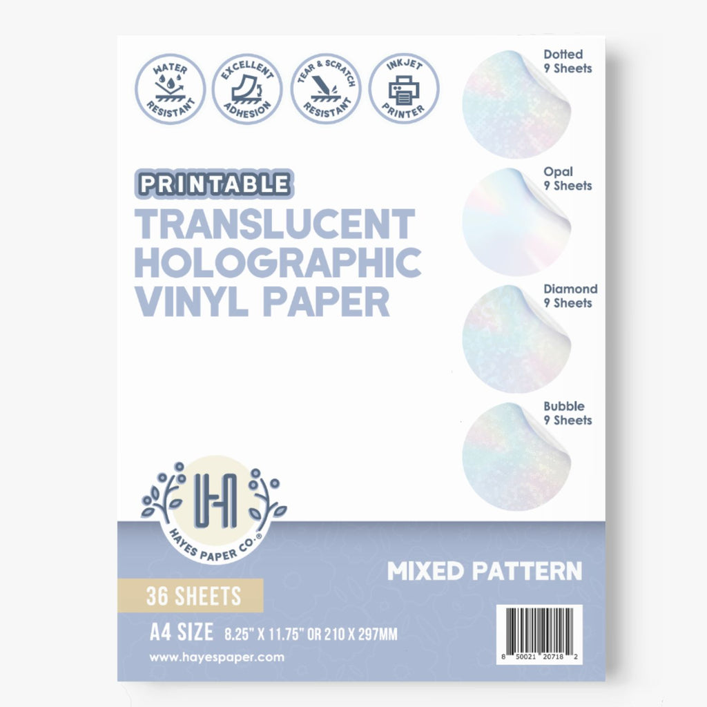 Hayes Paper Co. Printable Vinyl Sticker Paper, 4 Holographic Patterned  Vinyl Printer Paper for Inkjet, Tear and Scratch Resistant Translucent  Sheets
