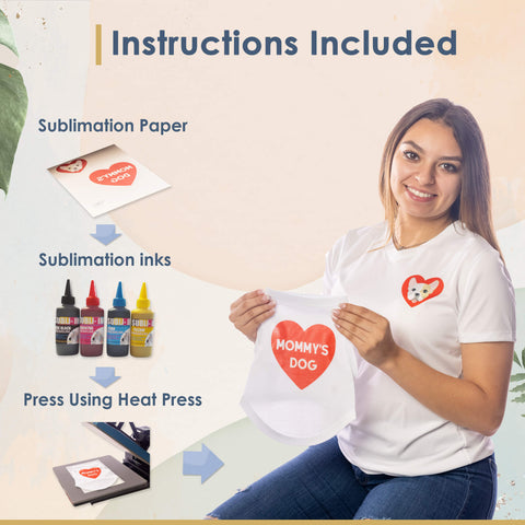 Hayes paper Co Sublimation Paper image showing a woman holding a matching dog shirt and t-shirt saying "Mommy's Dog" with Instructions included and images of sublimation, ink, sublimation paper and a heat press
