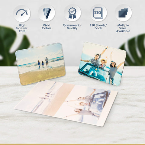 Hayes paper Co Sublimation Paper Showing a piece of letter size printed sublimation paper with a pressed photo frame showing a family of three at the beach.  