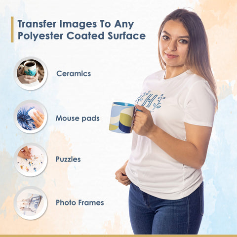 Hayes paper Co Sublimation Paper 5 pack of 120gm letter size paper, 550 sheets total , image of woman holding a sublimated mug and test saying "transfer Images to any coated Surface 