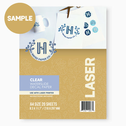 Hayes Paper Co, Waterslide decal paper, decal paper, decal paper sample, laser transparent sample, 1 sheet