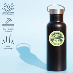 Hayes Paper Glow in the dark printable vinyl  paper sticker on black drink bottle with icons showing product features: water resistant, tear + scratch resistant, glow technology
